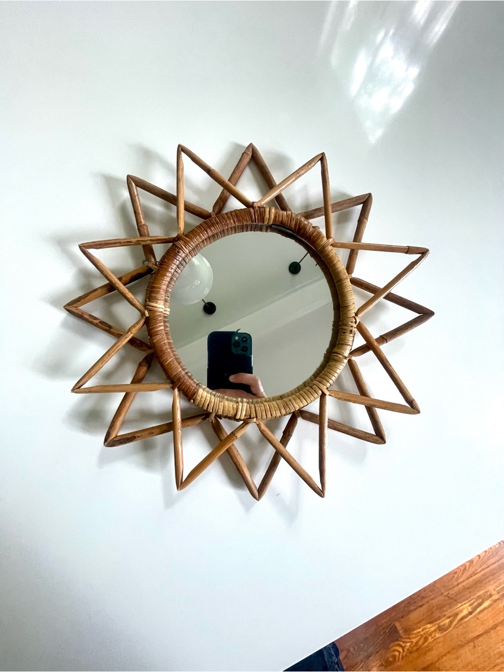 Handwoven Rattan Sunburst Wall Mirror - Natural Brown